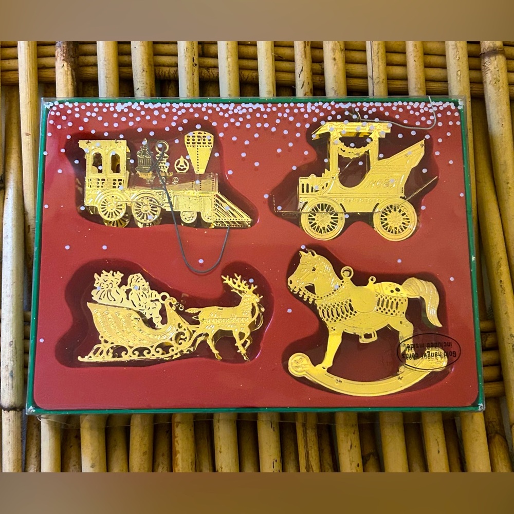 Vintage Christmas Around the World “Way To Go” Tin Gold Tone Ornaments